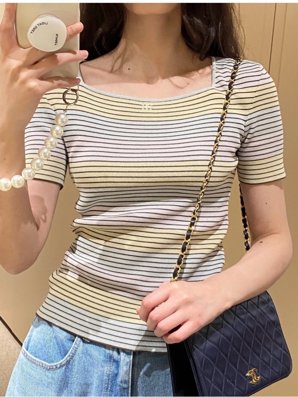 ❌SOLD❌CHANEL 98P pastel striped square neck top 44 Large